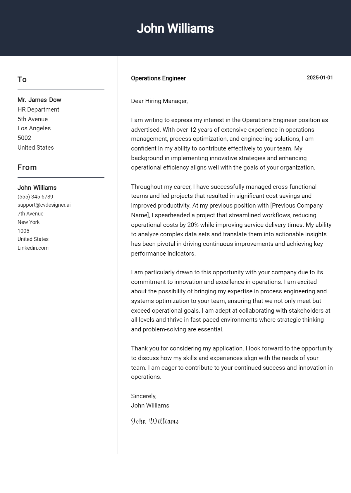 operations engineer cover letter example