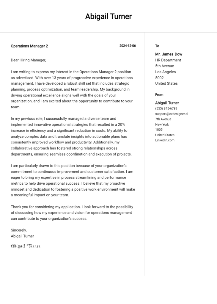 operations manager 2 cover letter example