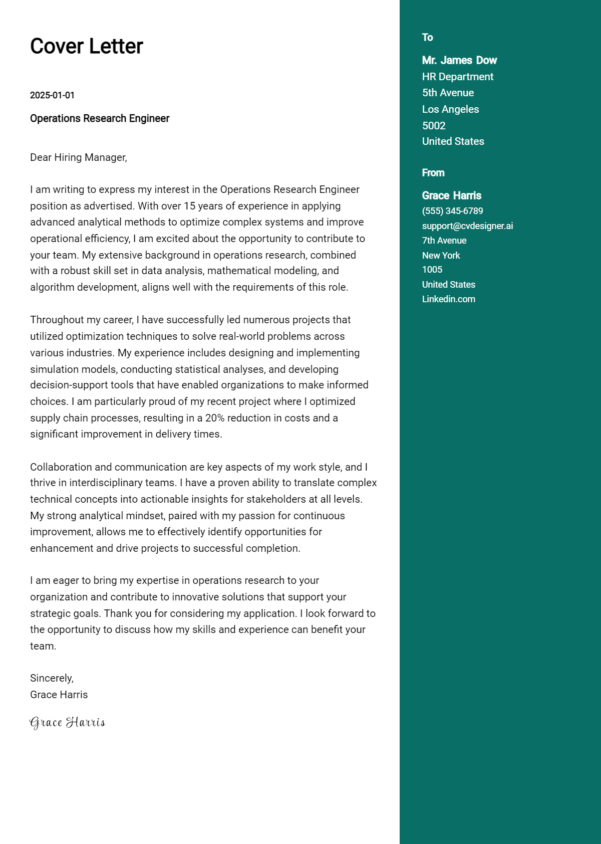 operations research engineer cover letter example