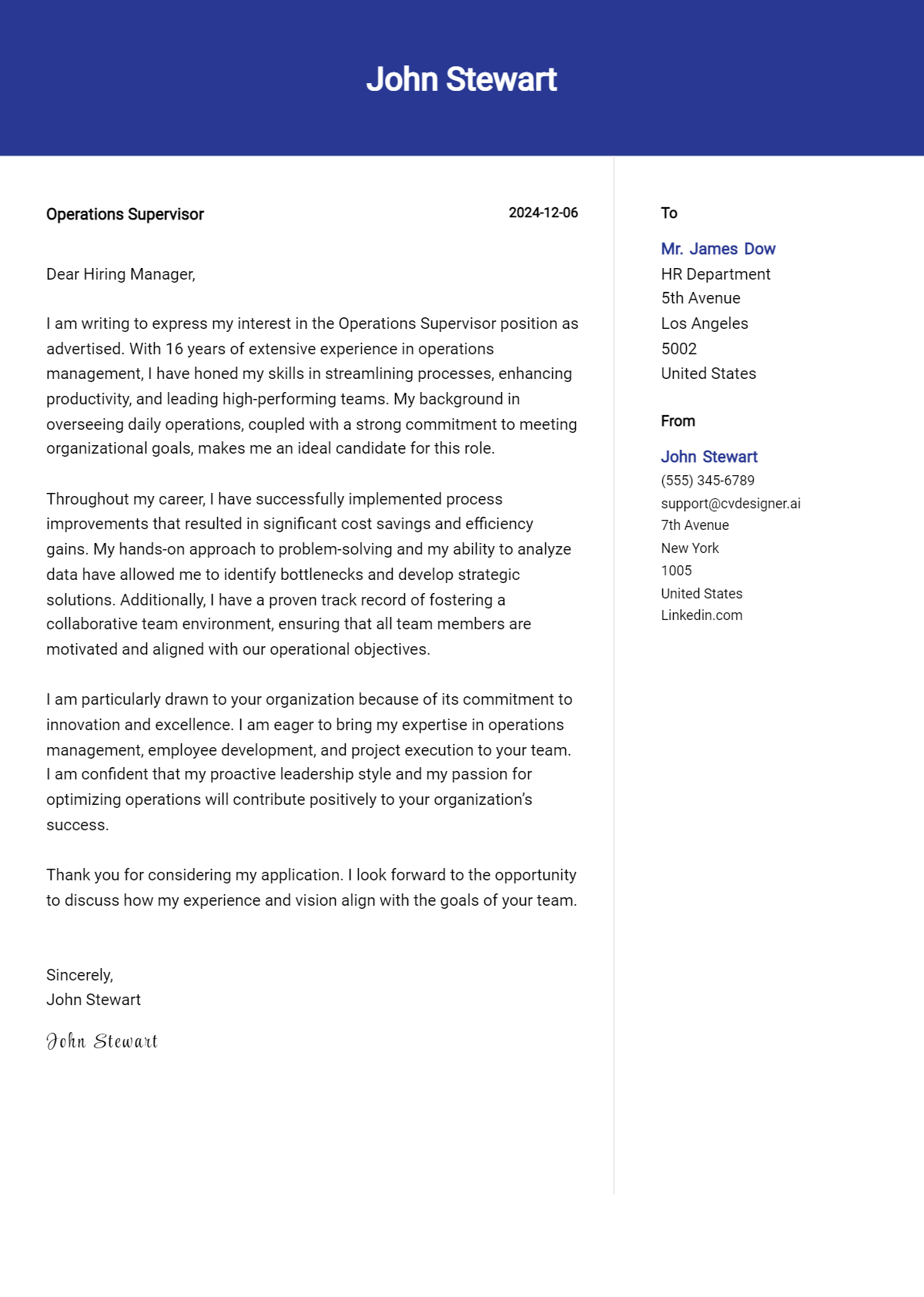 operations supervisor cover letter example