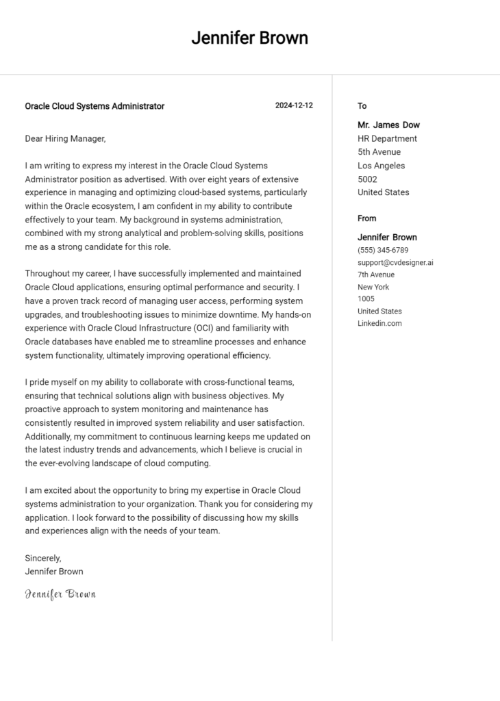 oracle cloud systems administrator cover letter example