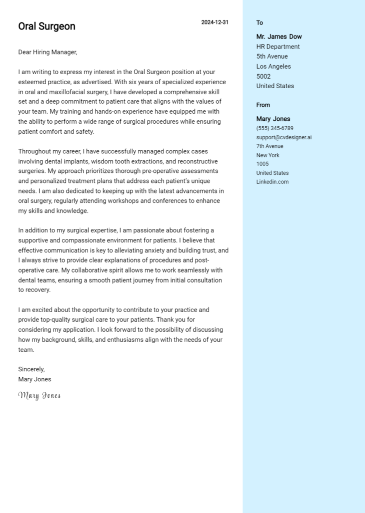 oral surgeon cover letter example