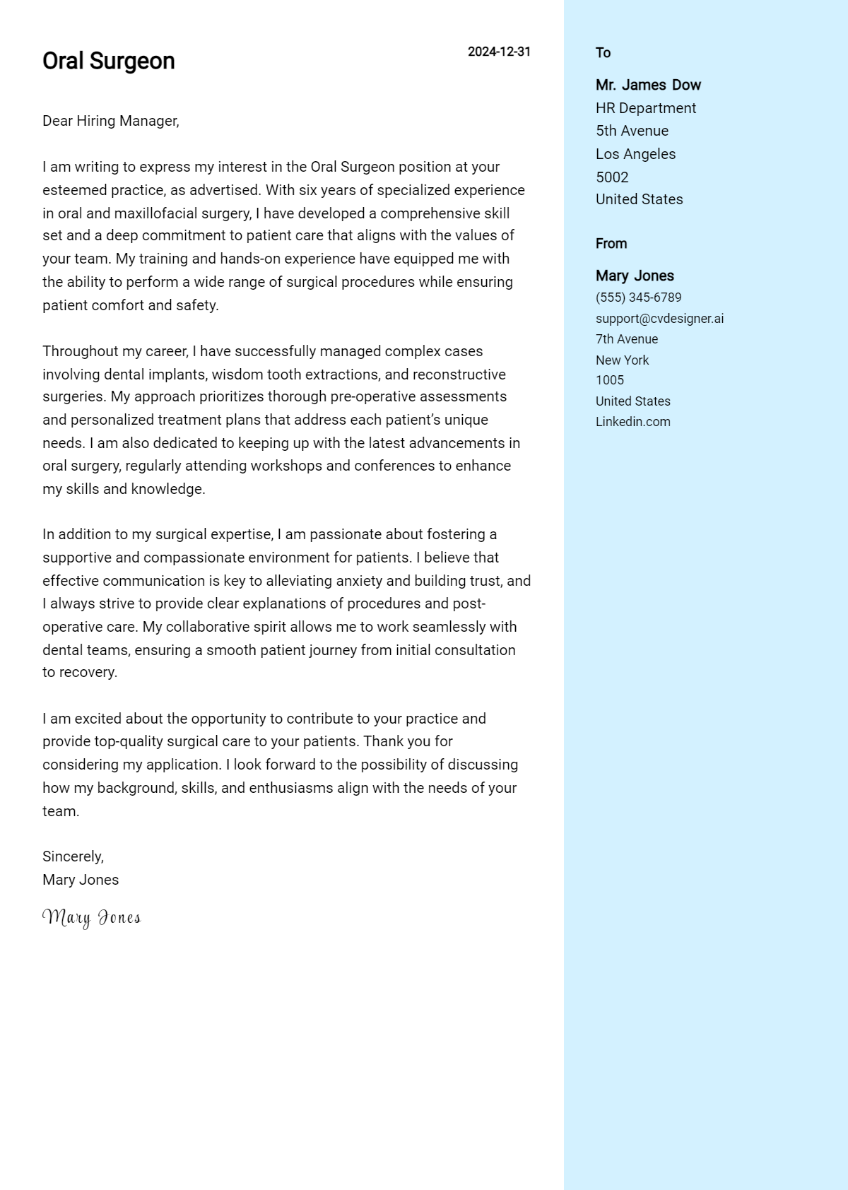 oral surgeon cover letter example