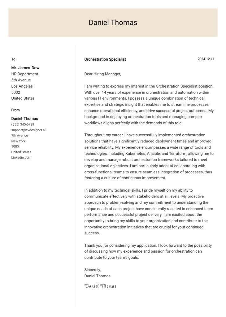 orchestration specialist cover letter example