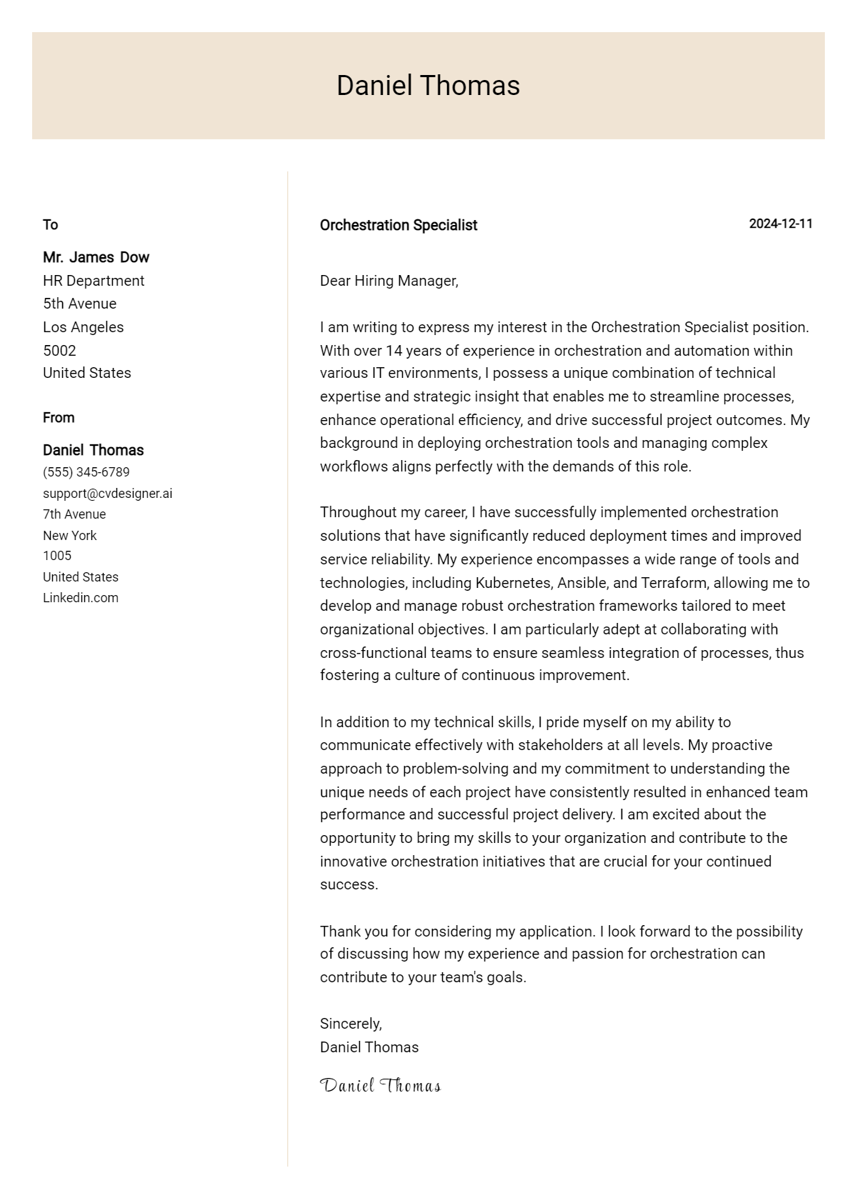 orchestration specialist cover letter example