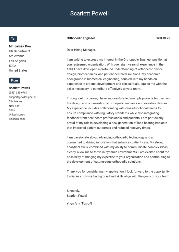 orthopedic engineer cover letter example