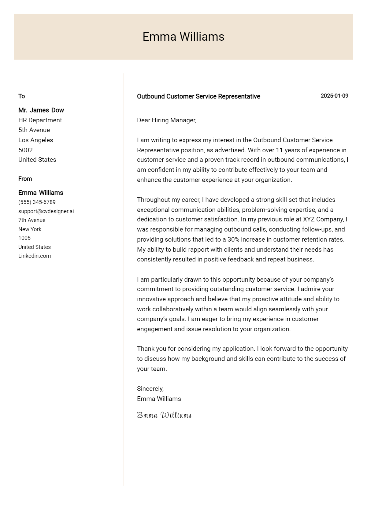 outbound customer service representative cover letter example