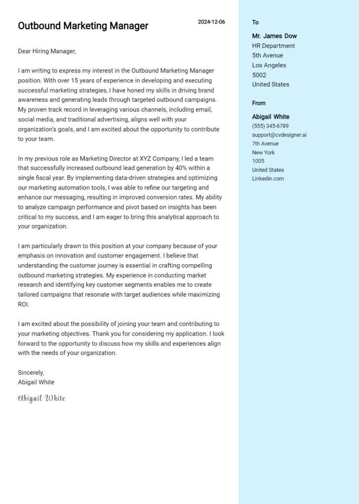 outbound marketing manager cover letter example