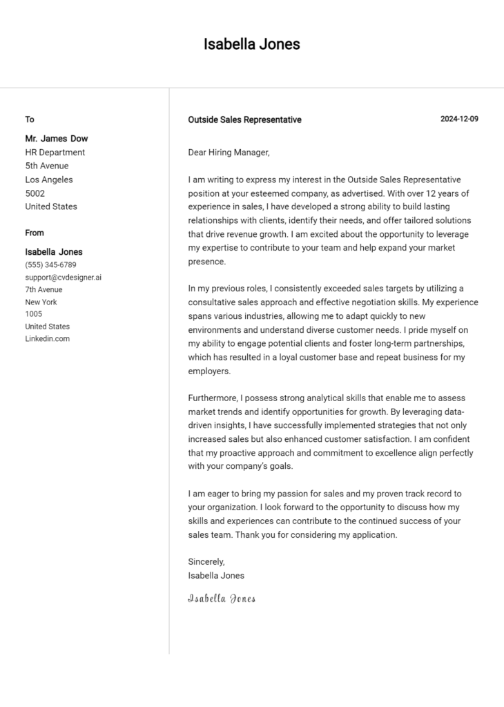 outside sales representative cover letter example