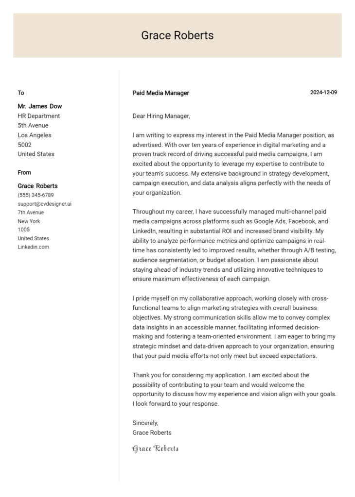 paid media manager cover letter example