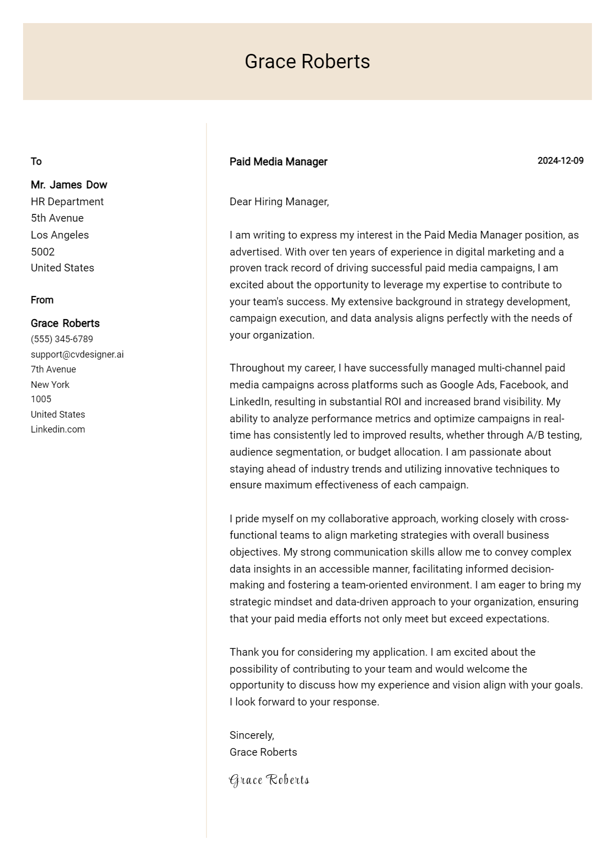 paid media manager cover letter example