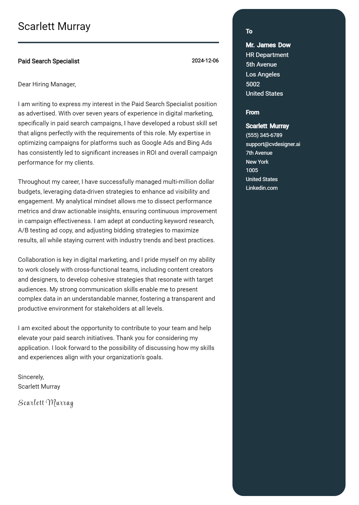 paid search specialist cover letter example