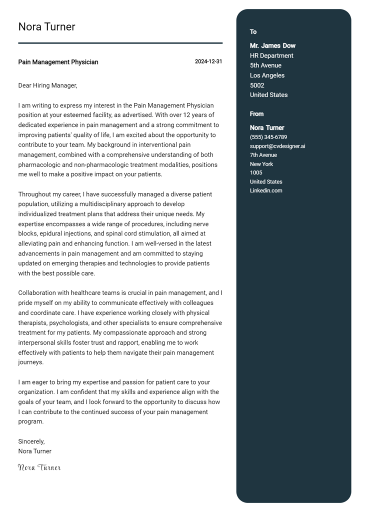 pain management physician cover letter example