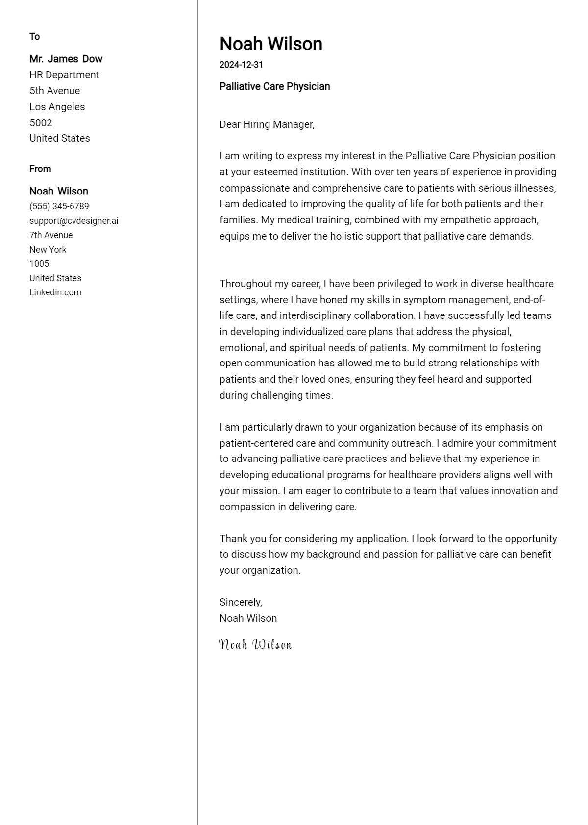 palliative care physician cover letter example