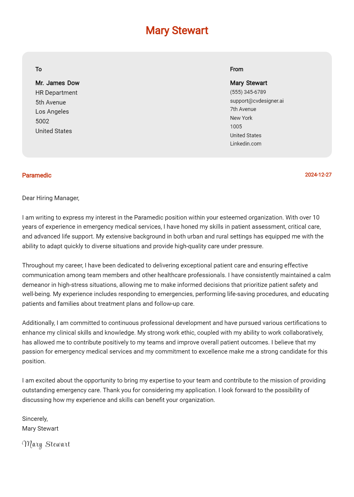 paramedic cover letter example