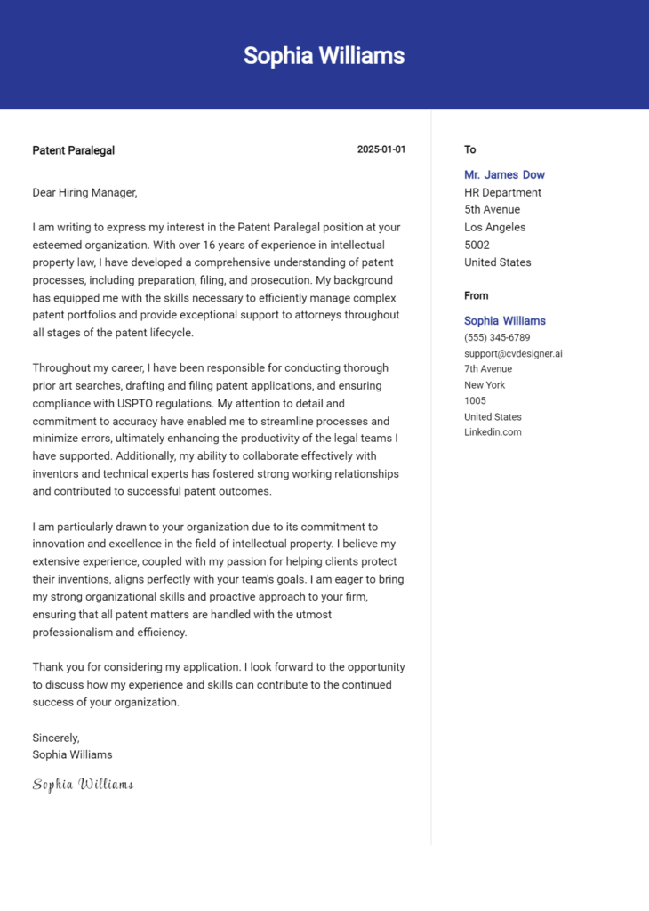 patent paralegal cover letter example