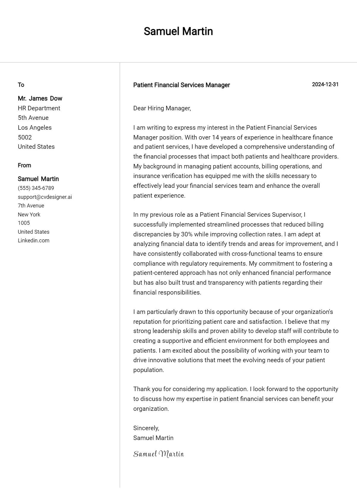 patient financial services manager cover letter example