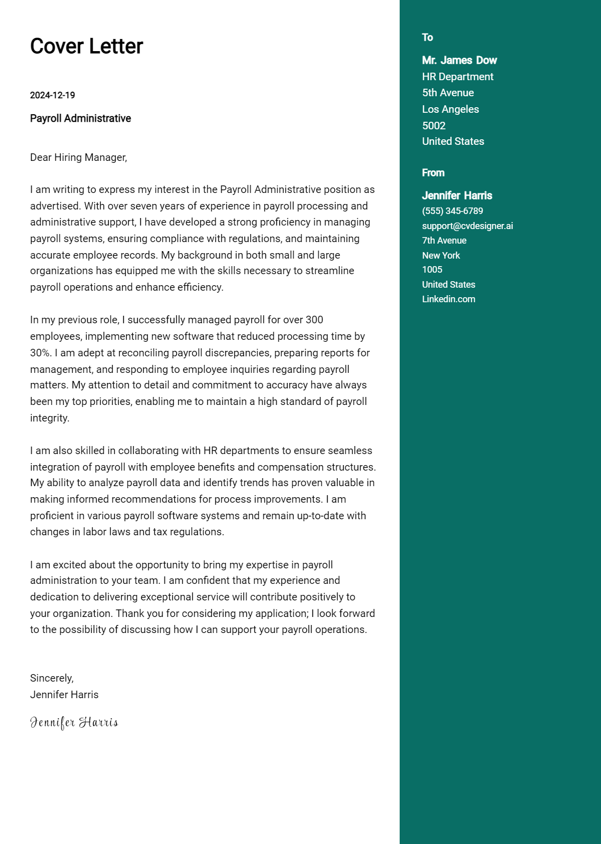 payroll administrative cover letter example