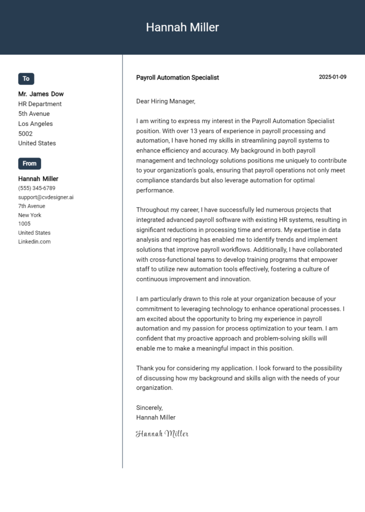 payroll automation specialist cover letter example