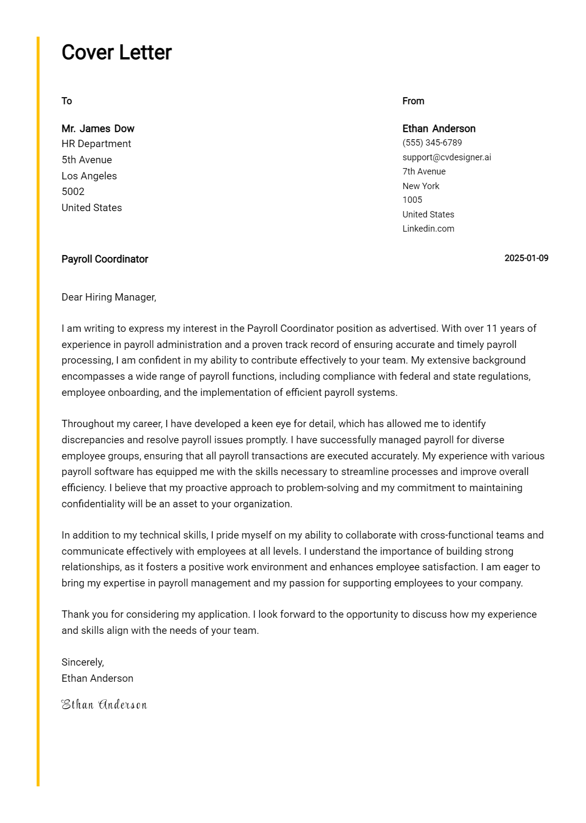 payroll coordinator cover letter example