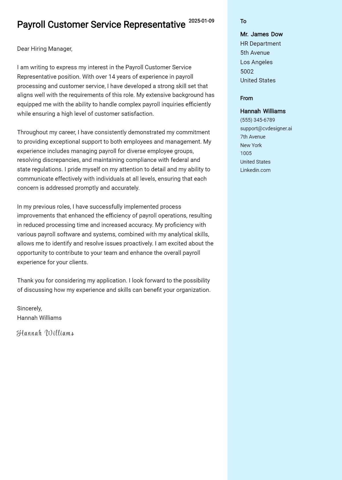 payroll customer service representative cover letter example