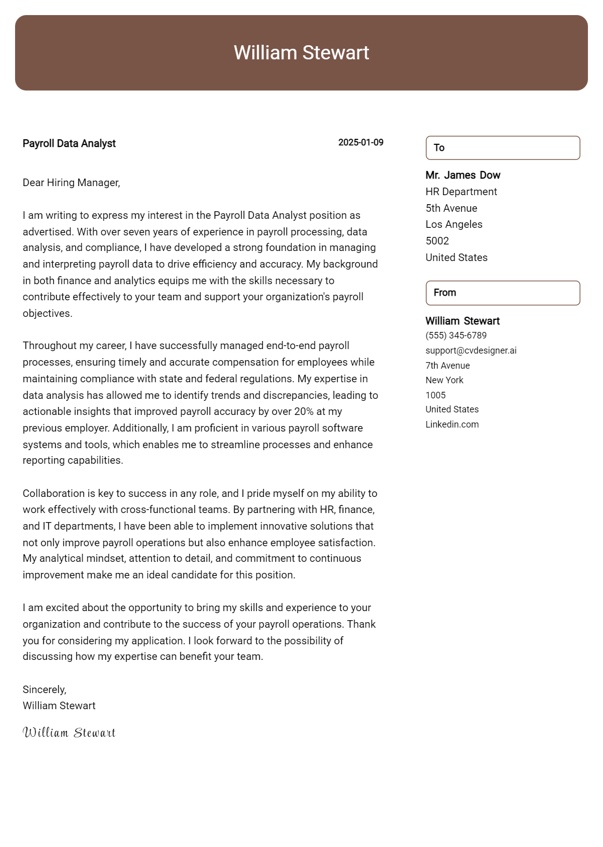 payroll data analyst cover letter example