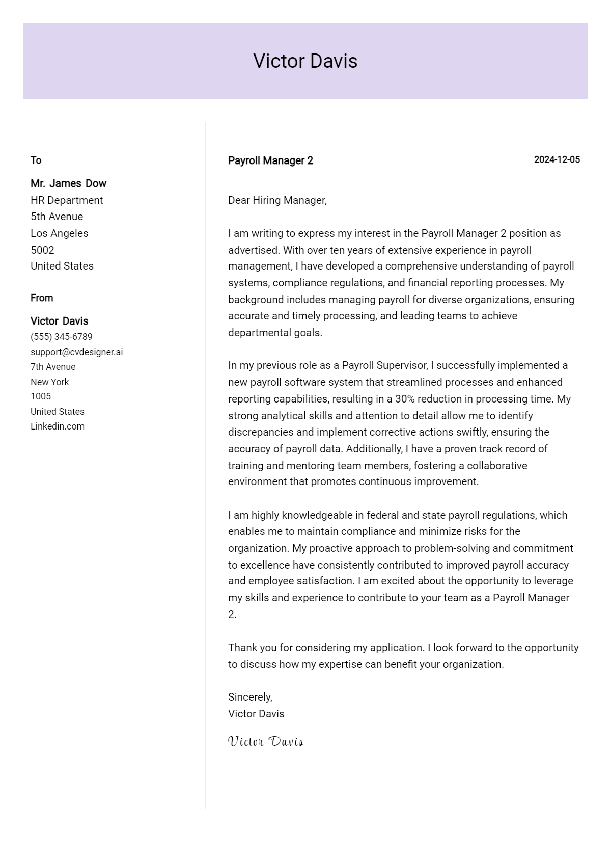 payroll manager 2 cover letter example