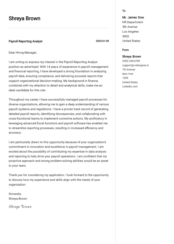 payroll reporting analyst cover letter example