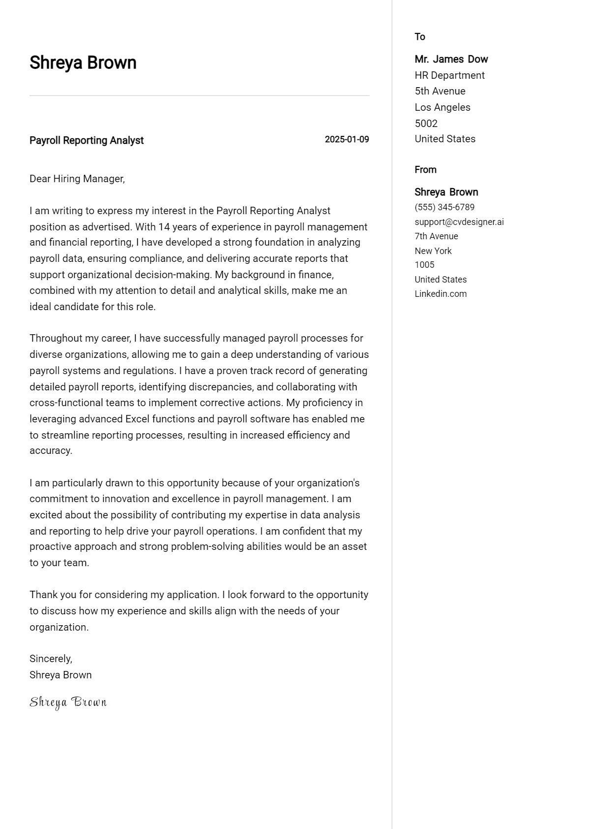 payroll reporting analyst cover letter example