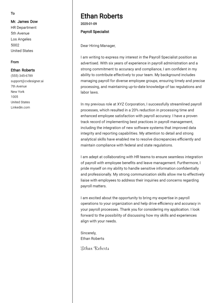 payroll specialist cover letter example