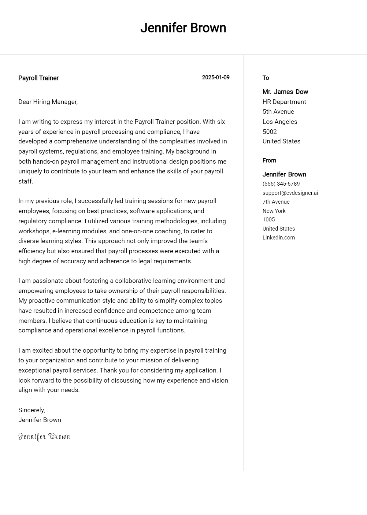 payroll trainer cover letter example