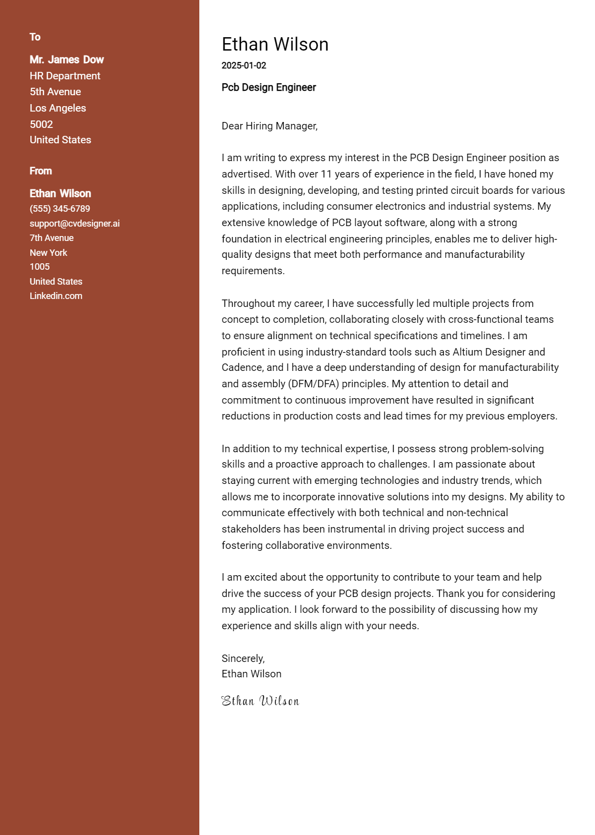 pcb design engineer cover letter example