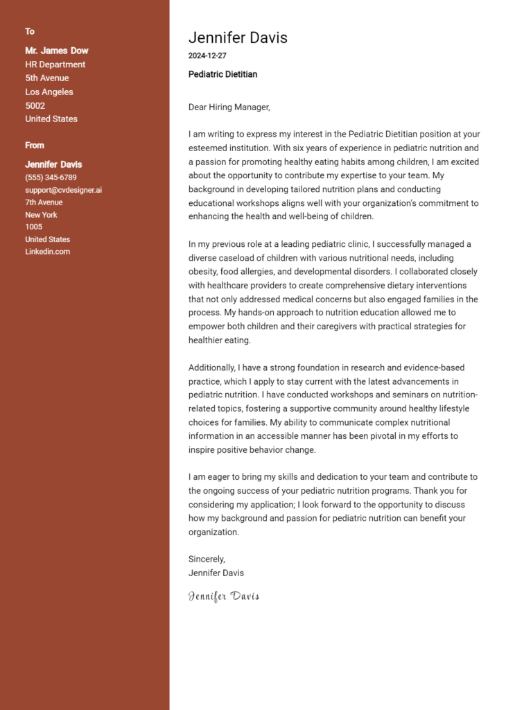 pediatric dietitian cover letter example