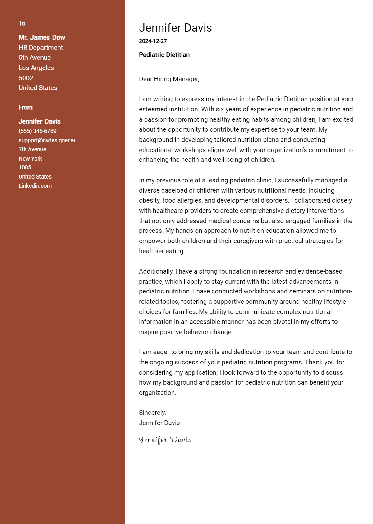 pediatric dietitian cover letter example