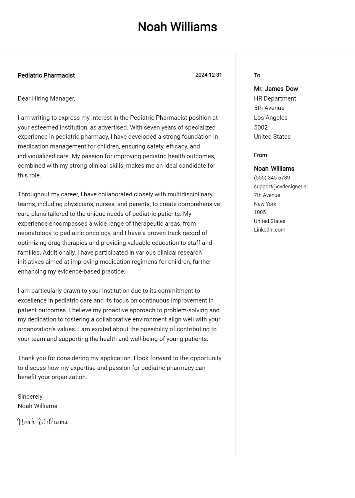 pediatric pharmacist cover letter example