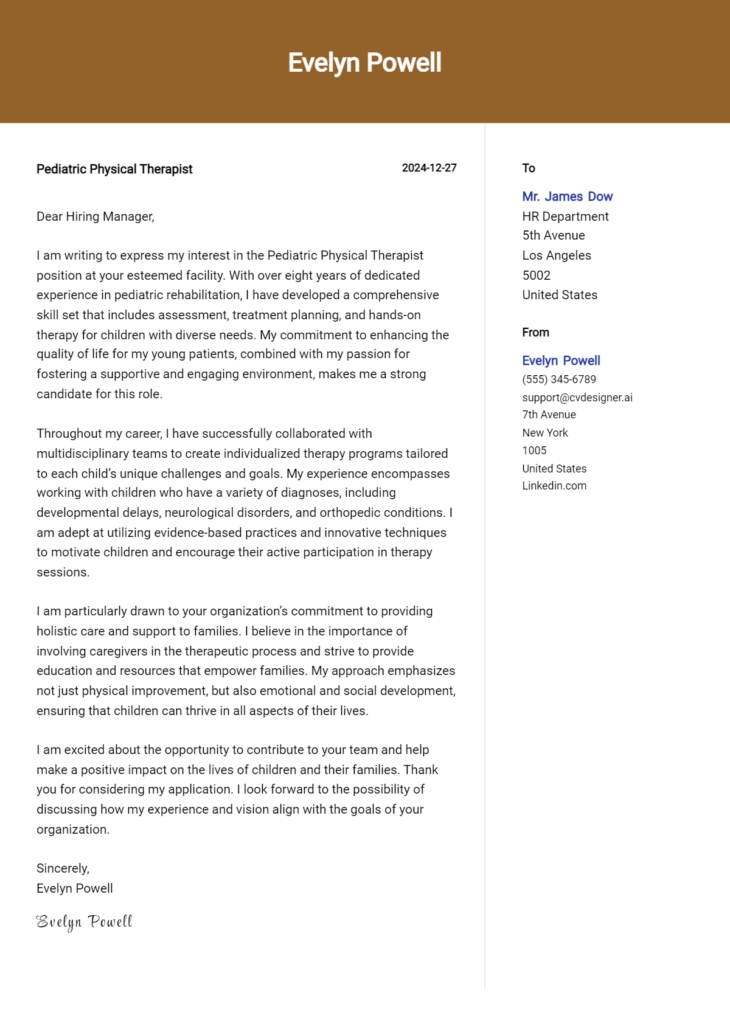 pediatric physical therapist cover letter example