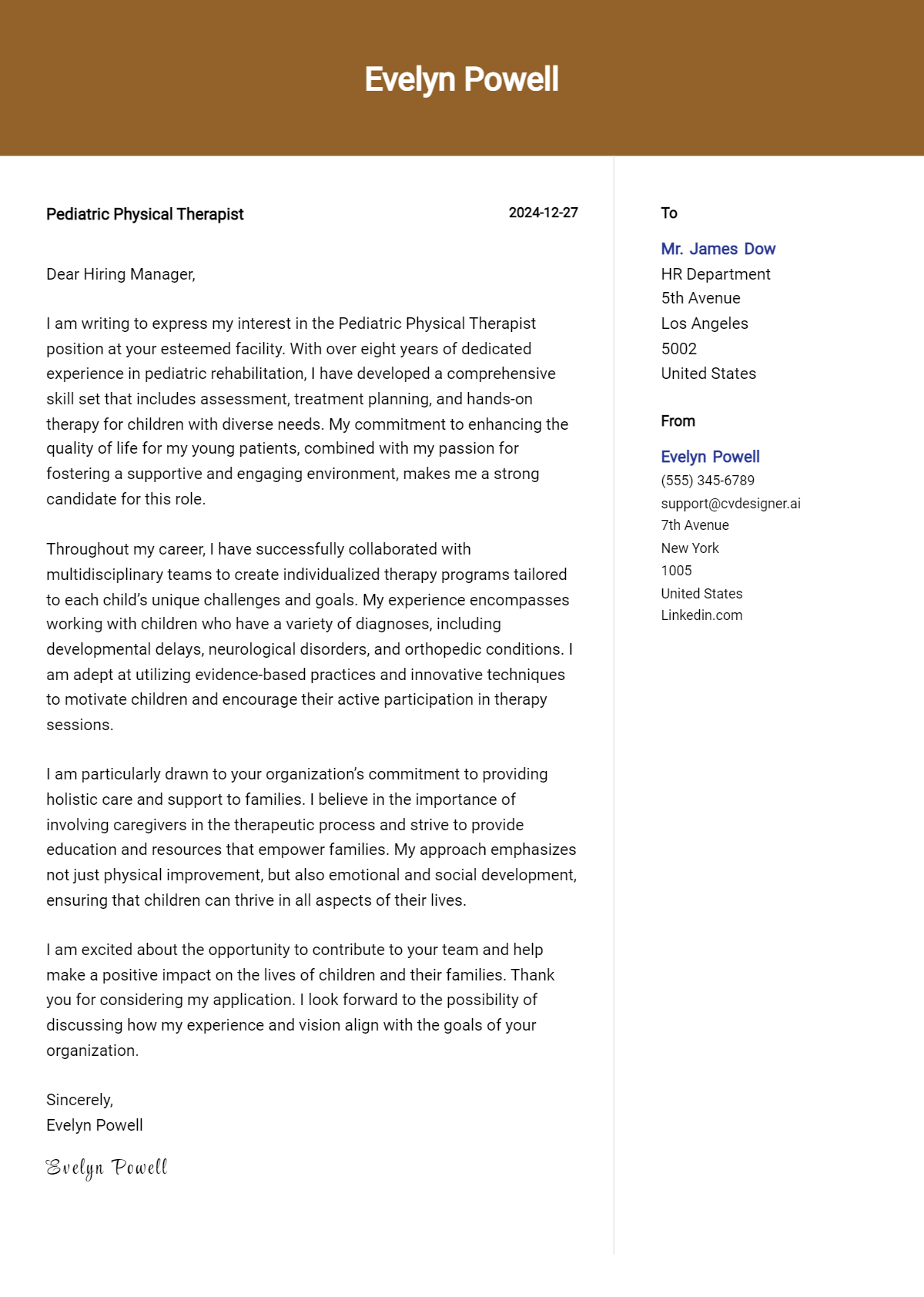 pediatric physical therapist cover letter example