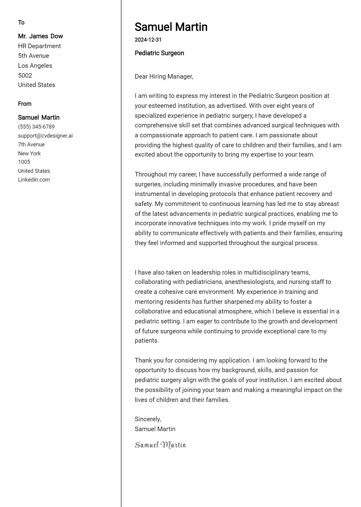 pediatric surgeon cover letter example