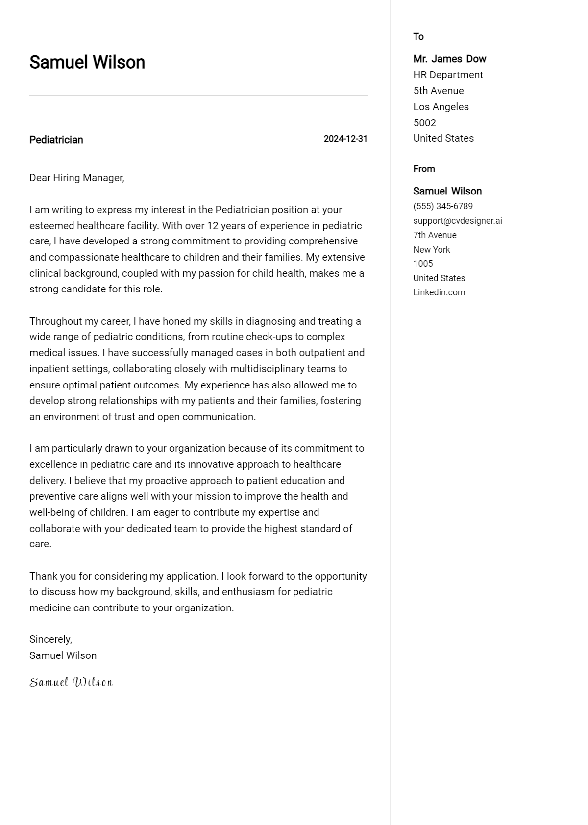 pediatrician cover letter example