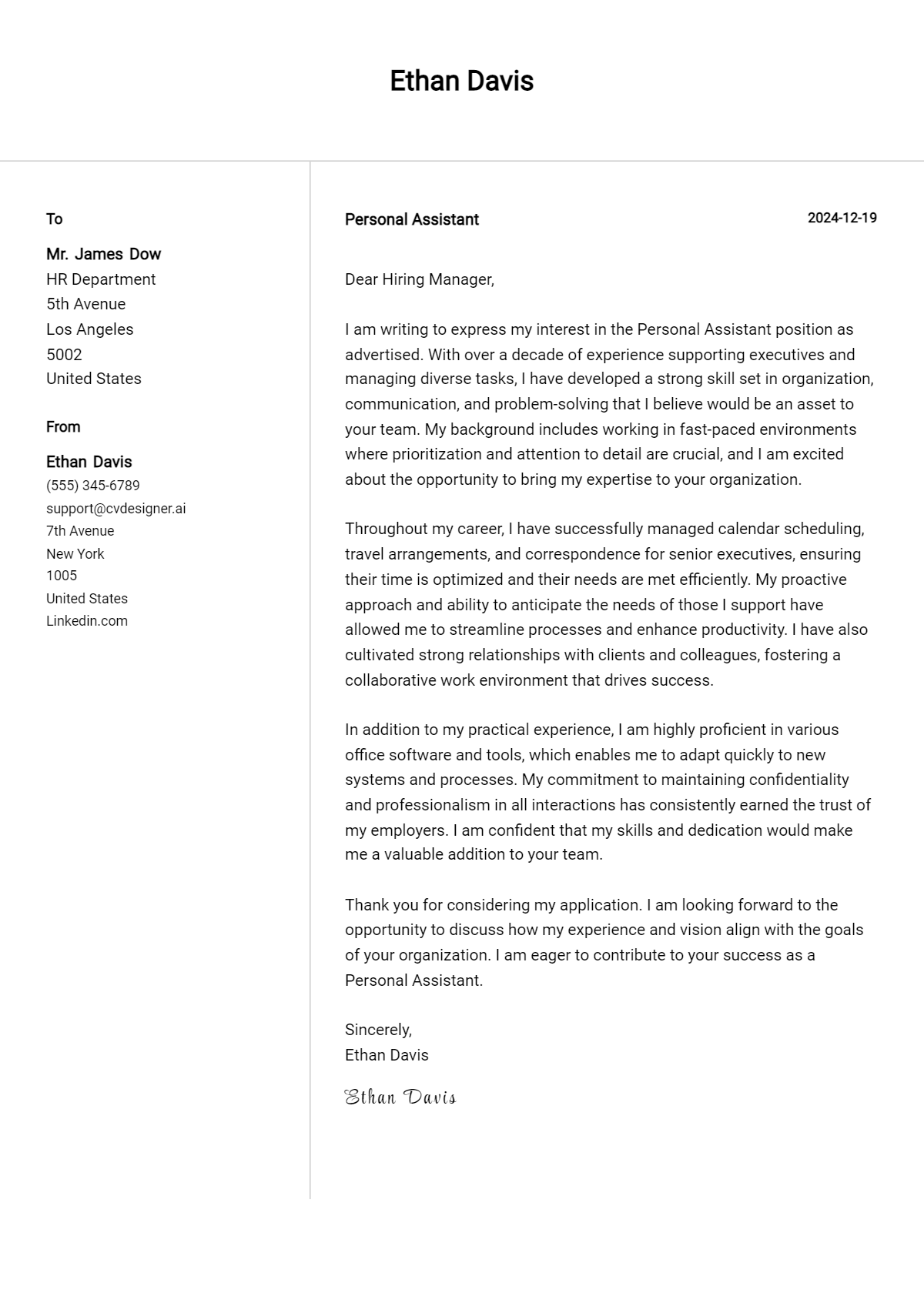 personal assistant cover letter example