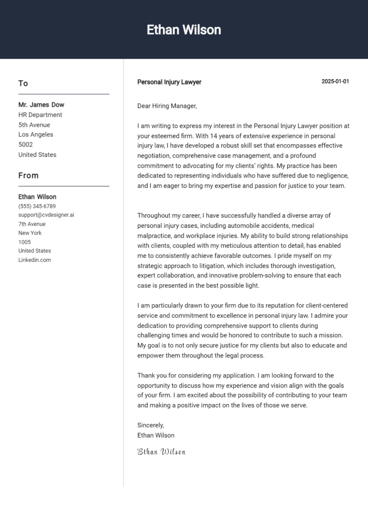 personal injury lawyer cover letter example