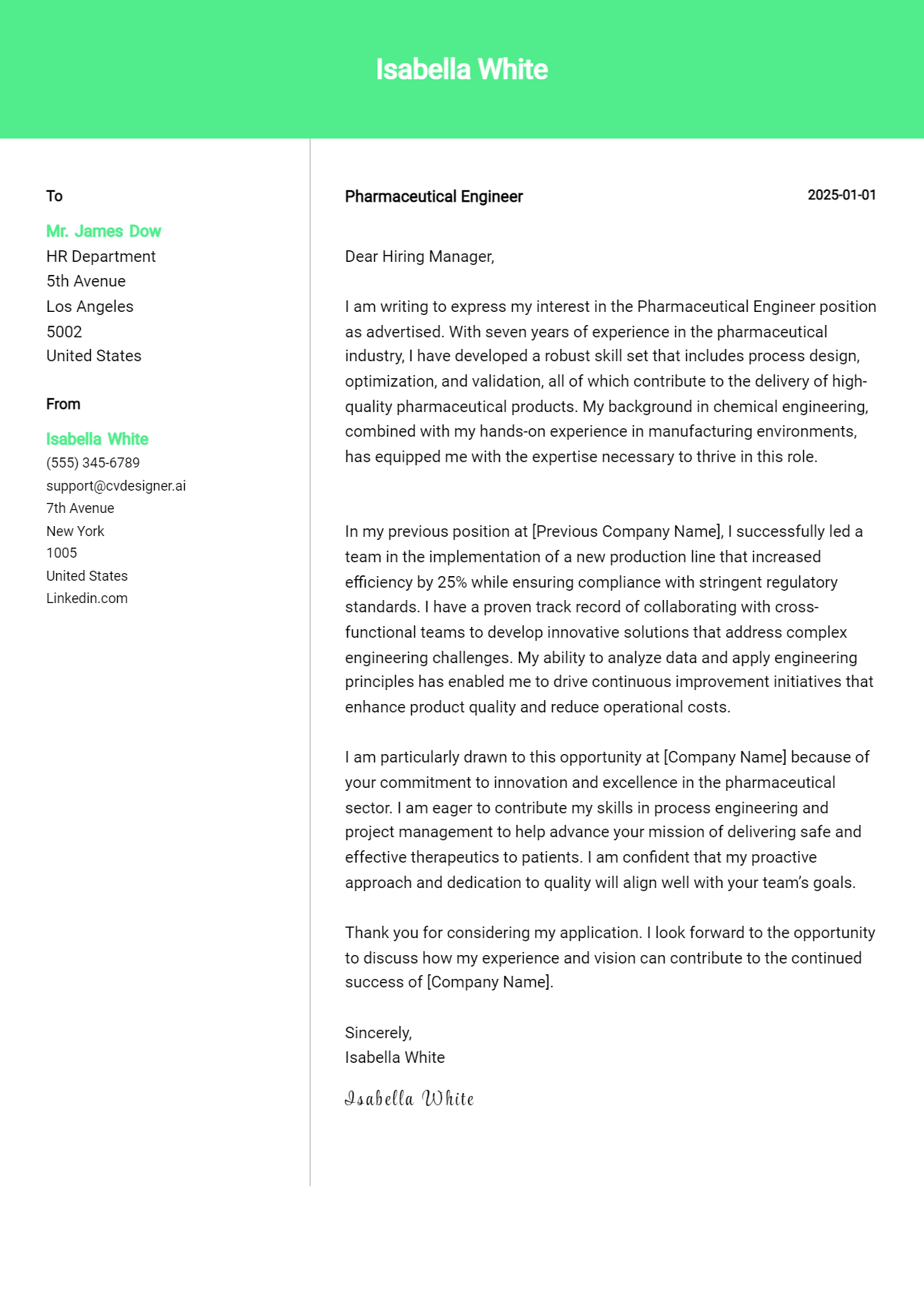 pharmaceutical engineer cover letter example