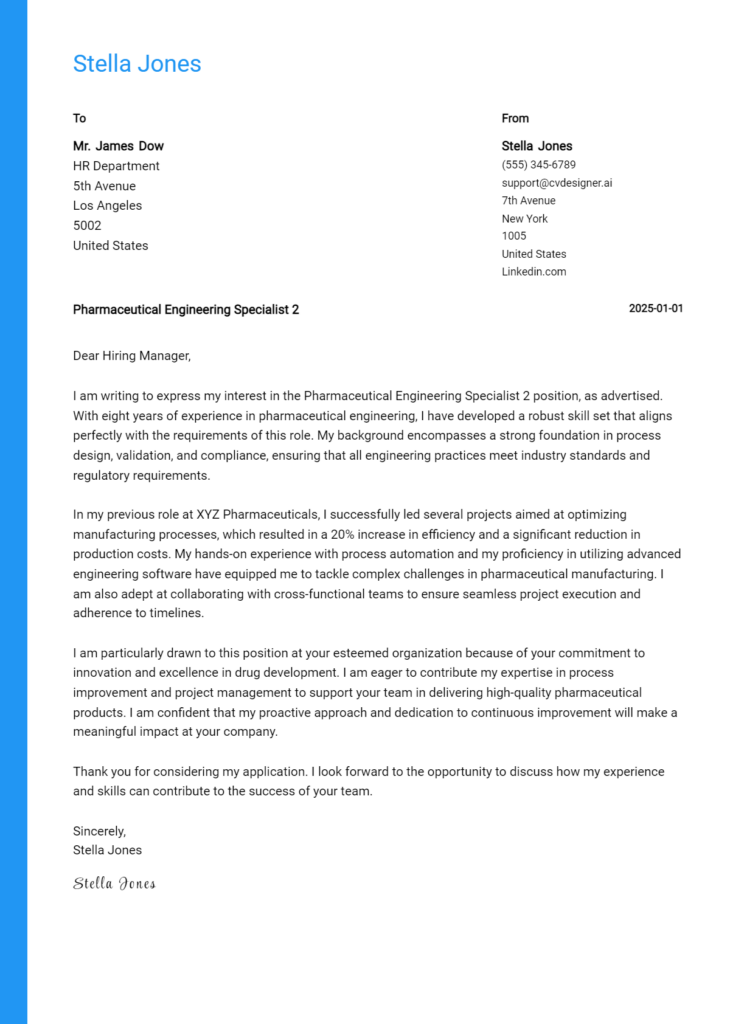 pharmaceutical engineering specialist 2 cover letter example