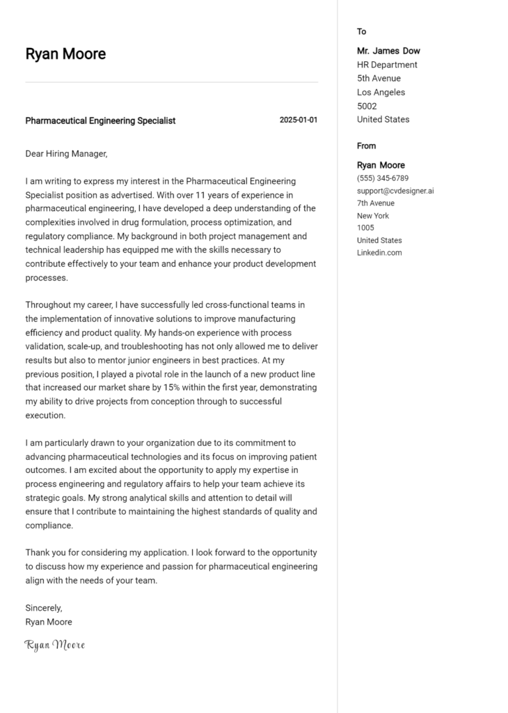 pharmaceutical engineering specialist cover letter example