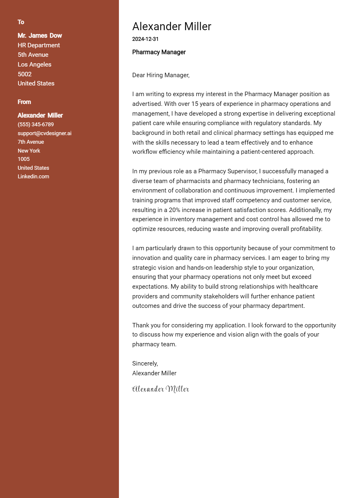 pharmacy manager cover letter example