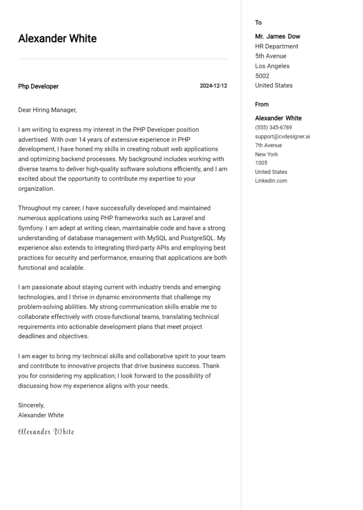 php developer cover letter example