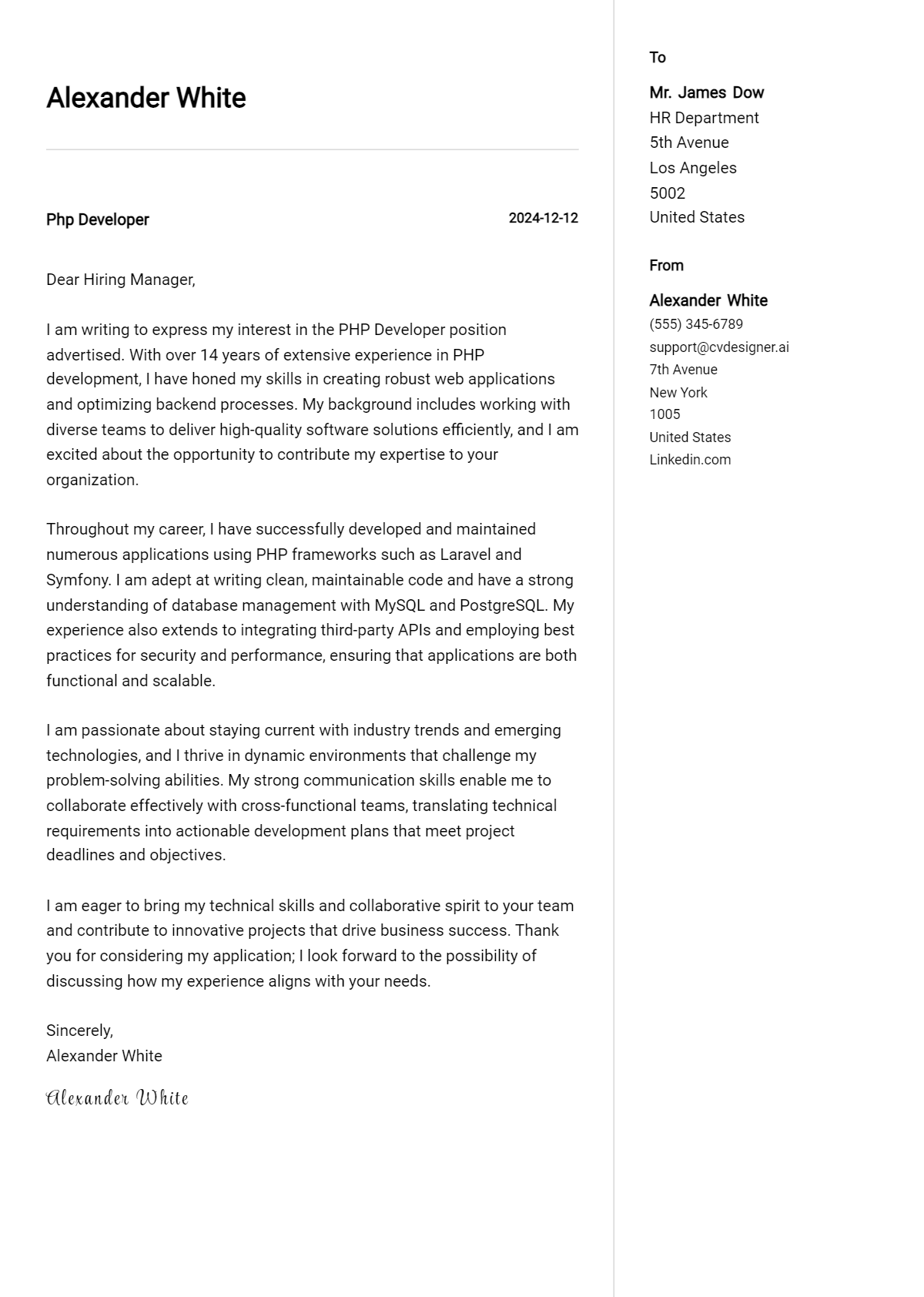 php developer cover letter example