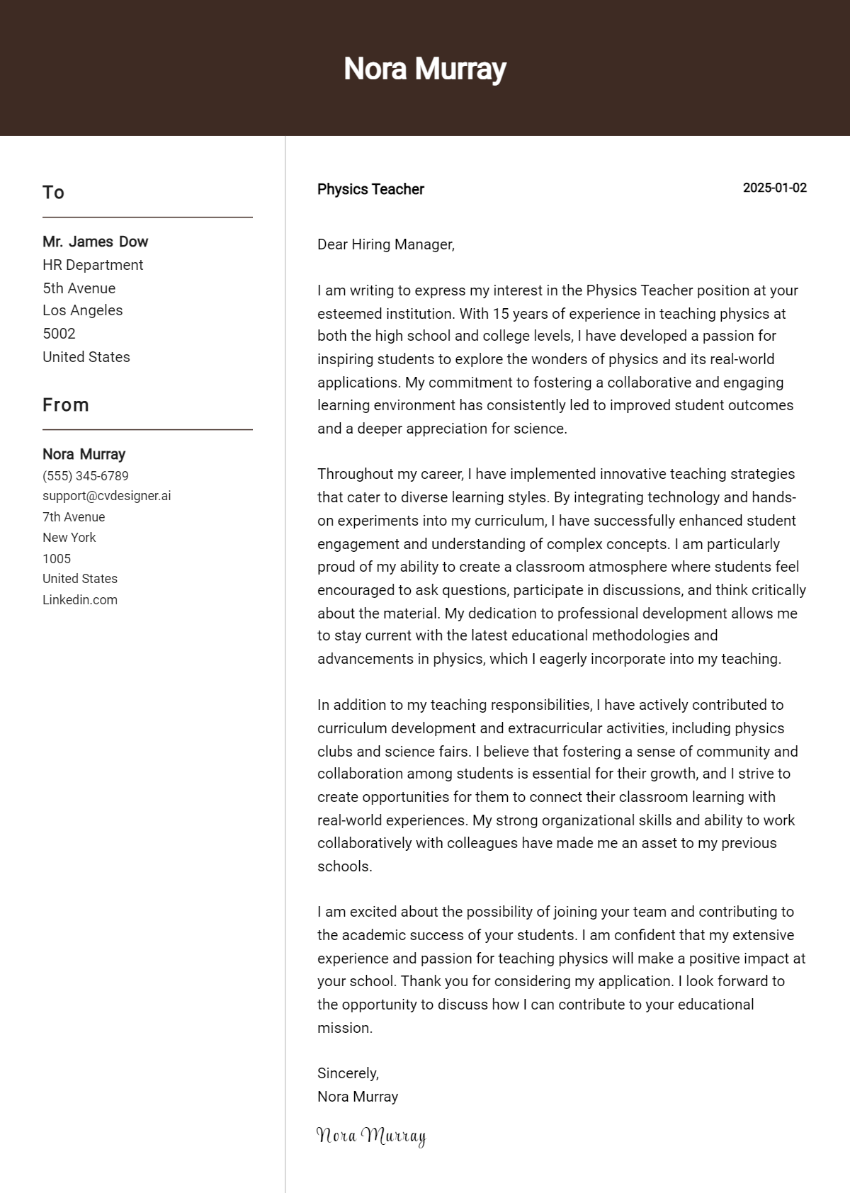 physics teacher cover letter example