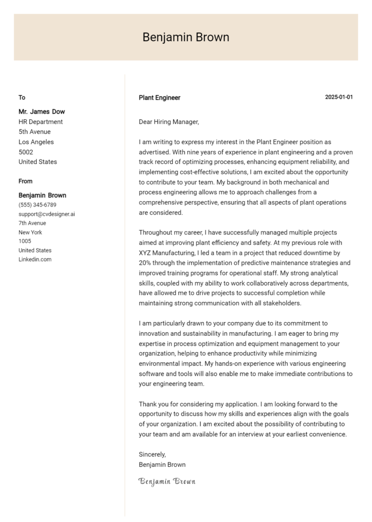 plant engineer cover letter example