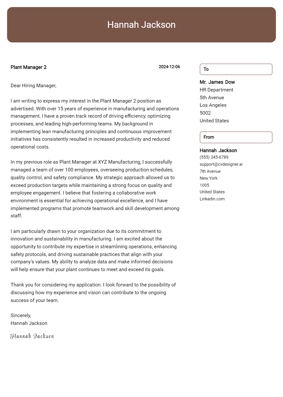 plant manager 2 cover letter example